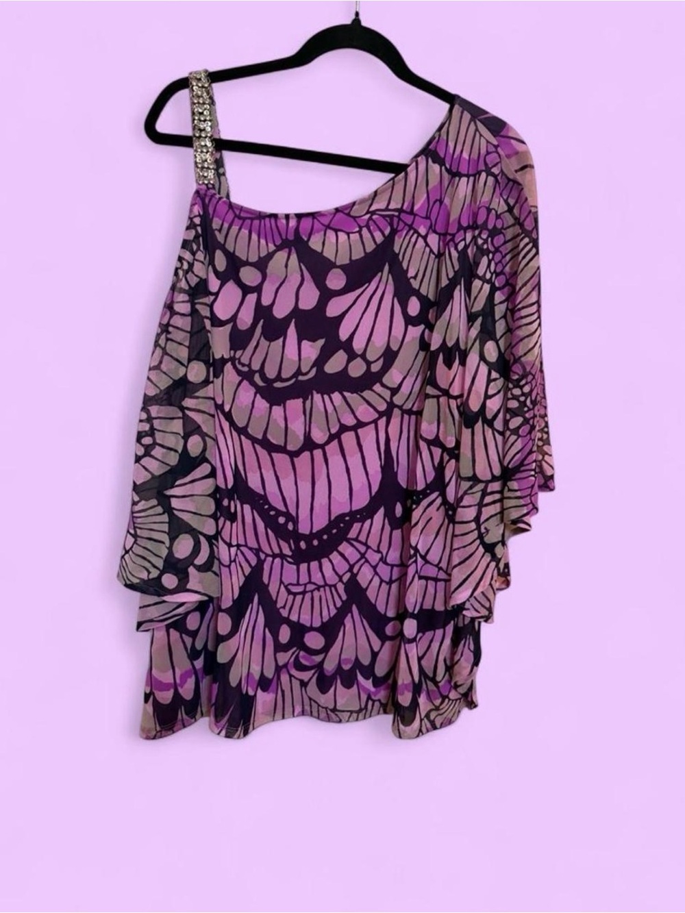 INC International Concepts Artsy Feathers Asymmetrical Purple Rhinestone Top 3X
